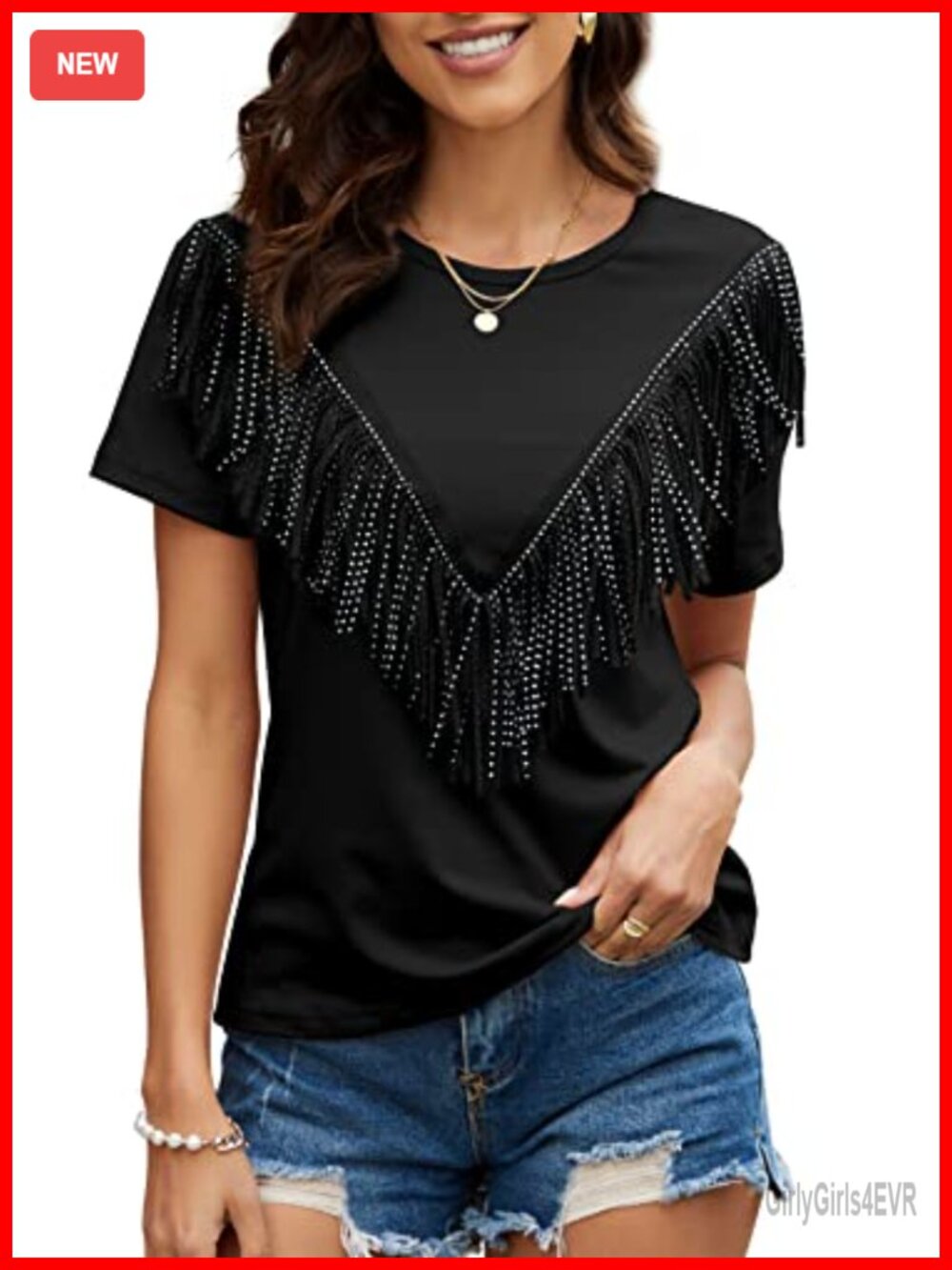 Fringe Trim Short Sleeve Tassel Blouse Tunic Top Tee